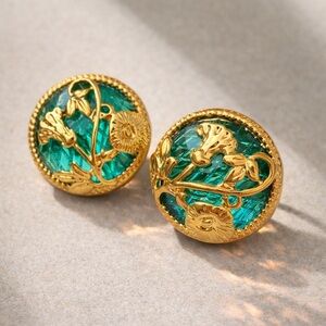 Emerald Green Round Earrings with Gold Floral Design